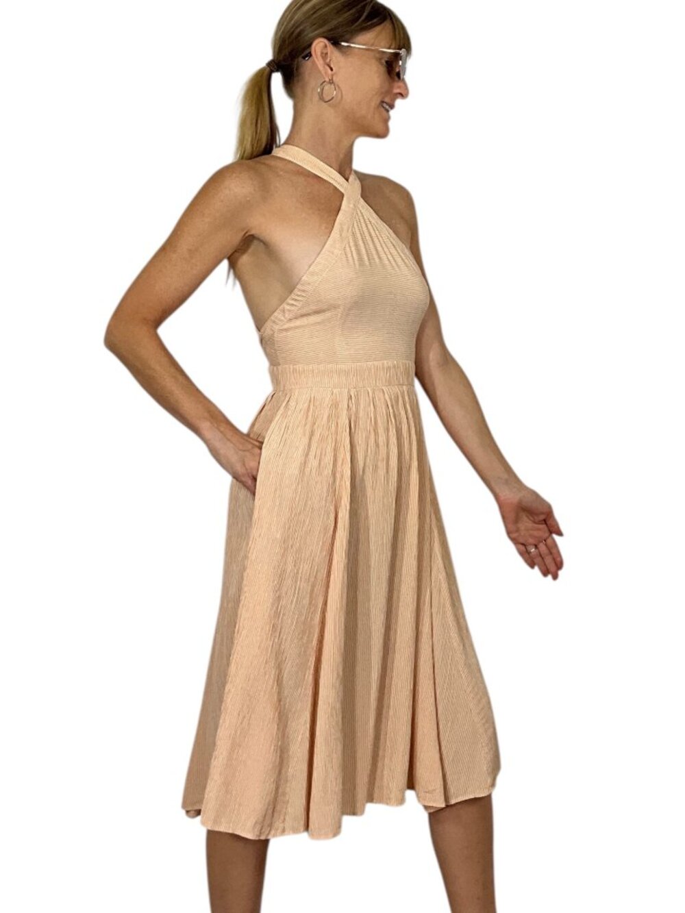 Christy Dawn Arrow Dress S Orange Striped Halter Midi Pockets - Picture 5 of 16
